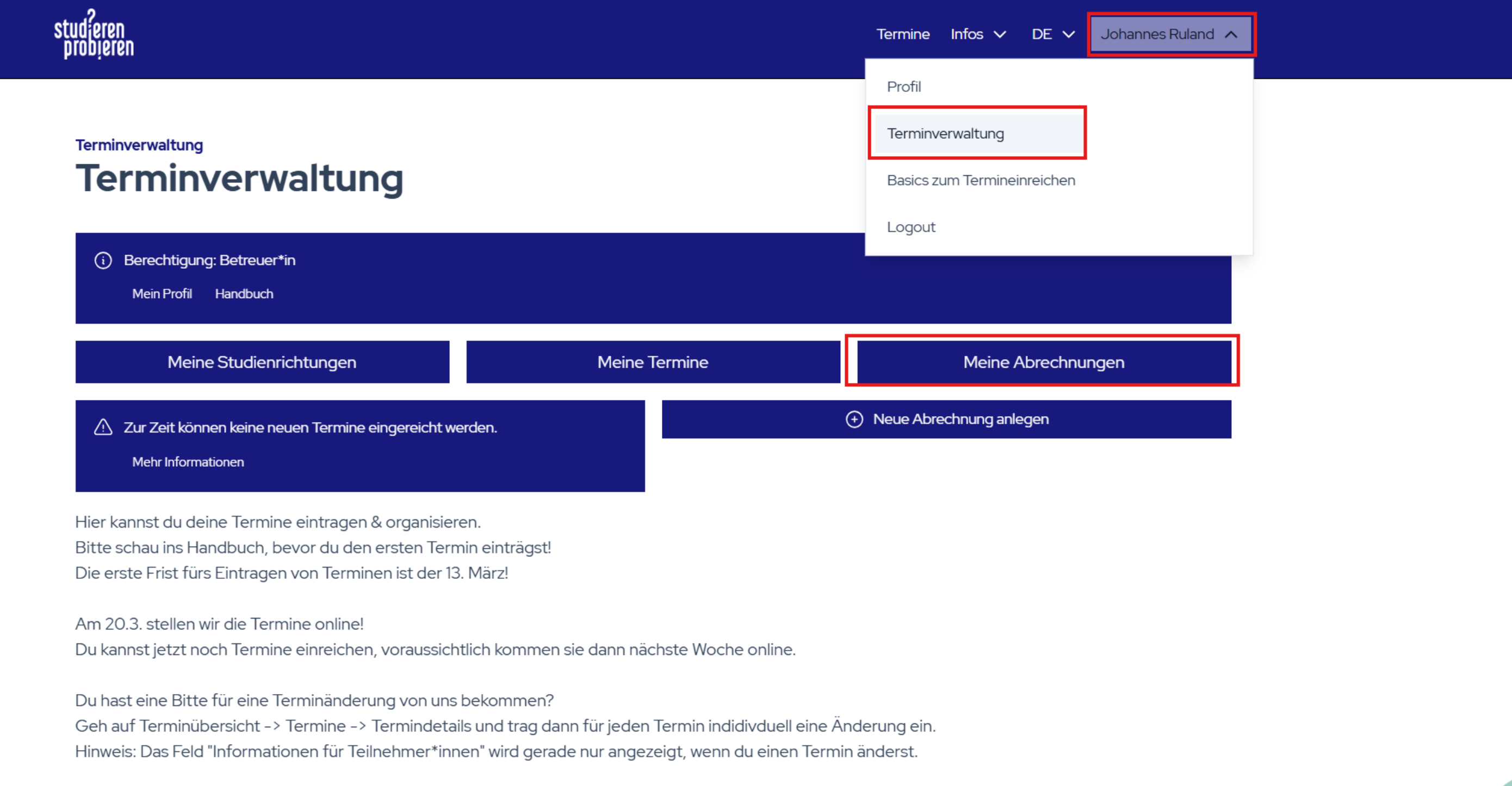 Anmelden bei Studieren Probieren